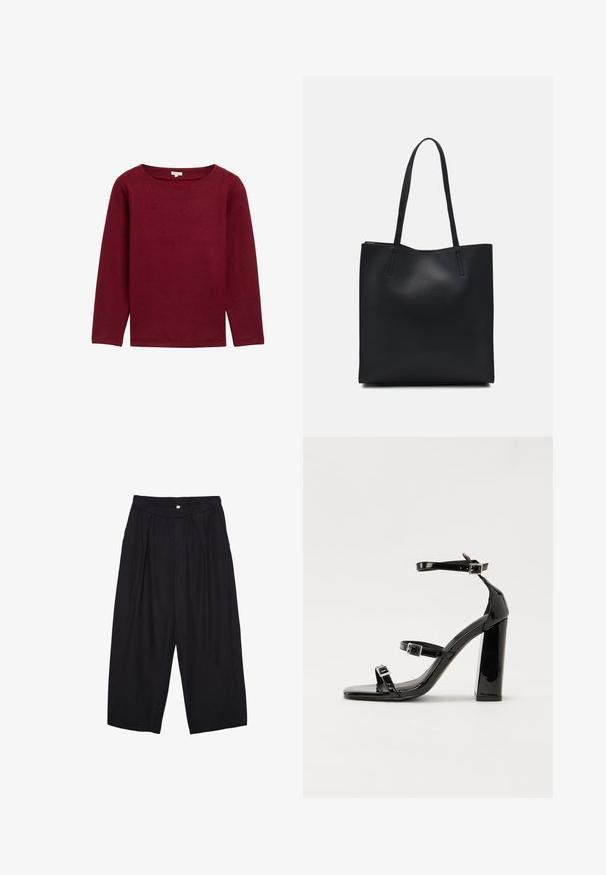 TOM TAILOR MIT KNOPFDETAILS - Pullover - deep red melange; Pantalon culotte noir en polyester avec une taille élastique, deux plis avant et une silhouette ample. Pas de motifs visibles ni de détails matériels.; Sandales à talons vernies noires avec un bout carré, des sangles autour de la cheville et des boucles en argent. Dotées d'un talon bloc épais pour plus de stabilité.; Sac fourre-tout en cuir noir avec une texture lisse, de forme rectangulaire et deux longues poignées. Pas de matériel ou d'ornementations visibles.