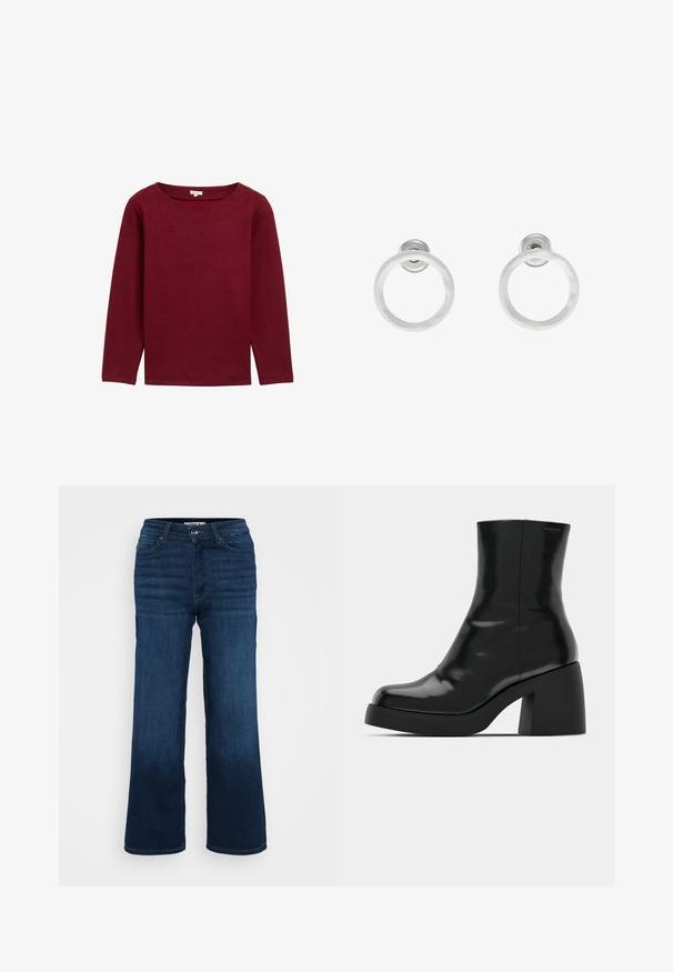 TOM TAILOR - Sweter; ONLY Petite ONLMADISON WIDE ciemnoniebieski; Czarne botki za kostkę o błyszczącej wykończeniu, kwadratowym czubku i grubym słupkowym obcasie. Projekt charakteryzuje się bezszwową sylwetką i minimalną marką.; Srebrne metalowe kolczyki w kształcie obręczy z matową teksturą, z okrągłym wzorem i przezroczystym zapięciem typu post, zapewniającym bezpieczne noszenie.