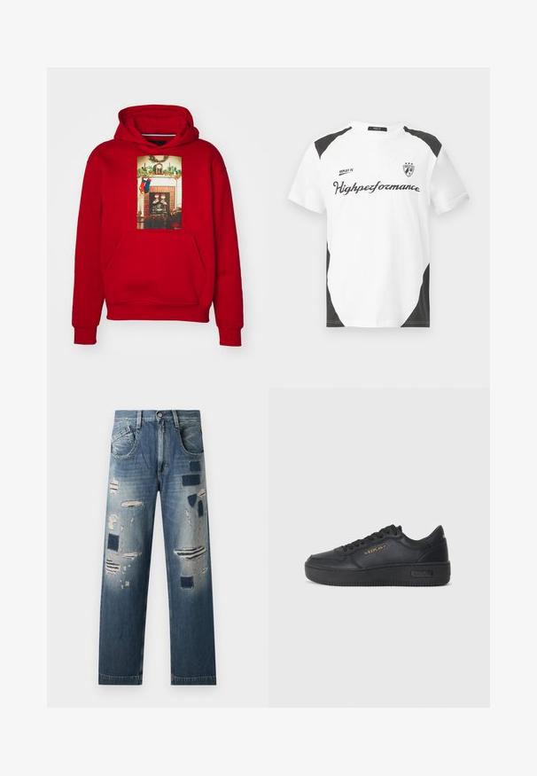 Jordan CHIMNEY - Jersey con capucha - gym red; Camiseta blanca de manga corta con acentos negros. Lleva el logo "REPLAY FC" y el texto "Highperformance" en una fuente deportiva. Fabricada con un material suave.; Jeans de denim con parches desgastados y tonos de azul variados, con un corte recto y un diseño tradicional de cinco bolsillos.; Replay EPIC HIGH - Zapatillas - black
