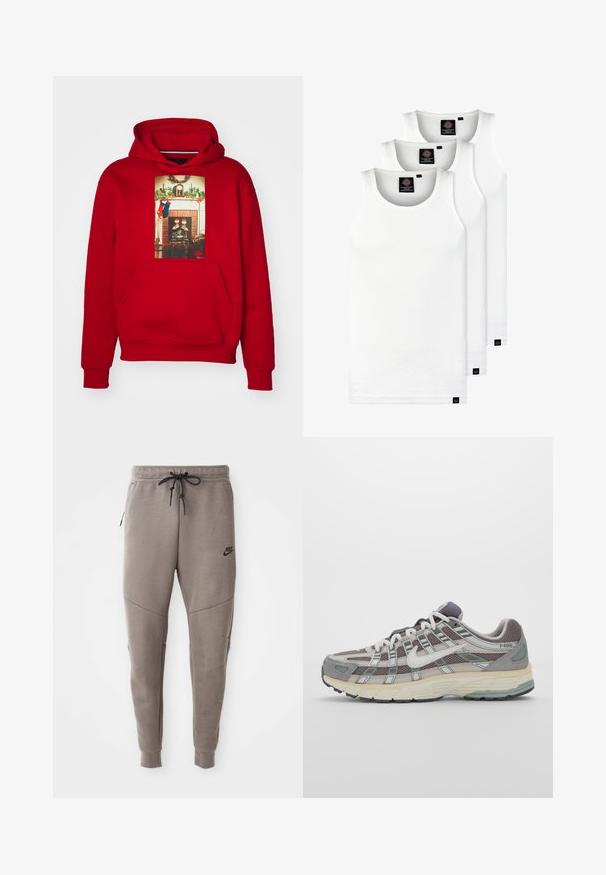 Jordan CHIMNEY - Džemperis ar kapuci - gym red; Trīs baltas ribotas krūšturi, kas izgatavoti no kokvilnas. Iezīmēti ar apaļu kakla izgriezumu un maziem melniem etiķetēm tuvu apakšmalai. Pieejami vairākos izmēros.; Pelēki Nike sporta bikses ar aukliņu viduklī, sašaurinātiem galiem, sānu kabatām un izteiktām šuvēm. Mīksta, teksturēta auduma.; Pelēkie sporta apavi ar tīkla un zamša augšdaļu, baltiem akcentiem, mīkstinātu zoli un izcilu dizainu ar atstarotājiem.