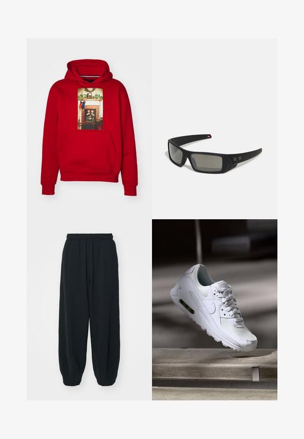 Jordan CHIMNEY - Luvtröja - gym red; Svarta, elastiska sweatpants med lös passform, mudd vid anklarna, slät textur och utan synliga mönster eller detaljer i metall.; Vita Nike Air Max 90 sneakers med en ovandel i mesh och läder, perforerad tåbox och en synlig luftenhet i hälen.; Svarta solglasögon med matt yta, rektangulära linser, lätt kurva vid skalmarna, diskret logotypdetalj och rökfärgade linser.