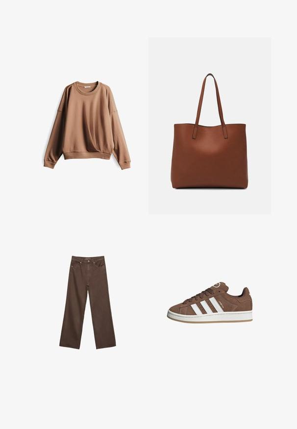 Felpa marrone con scollatura rotonda, spalle basse e polsini a coste. Realizzata in tessuto morbido, presenta una vestibilità comoda e una texture liscia.; Jeans a gamba larga marroni in denim, con vita alta, tasche anteriori e chiusura a bottone classica. Tessuto liscio con cuciture sottili.; Sneakers in suede marrone con strisce in pelle bianca, suola in gomma, punta rotonda e lacci. Presentano un logo sulla linguetta e dettagli perforati.; Borsa tote in pelle marrone con texture liscia, design con apertura superiore e due spallacci. Presenta cuciture minime e nessun hardware visibile.