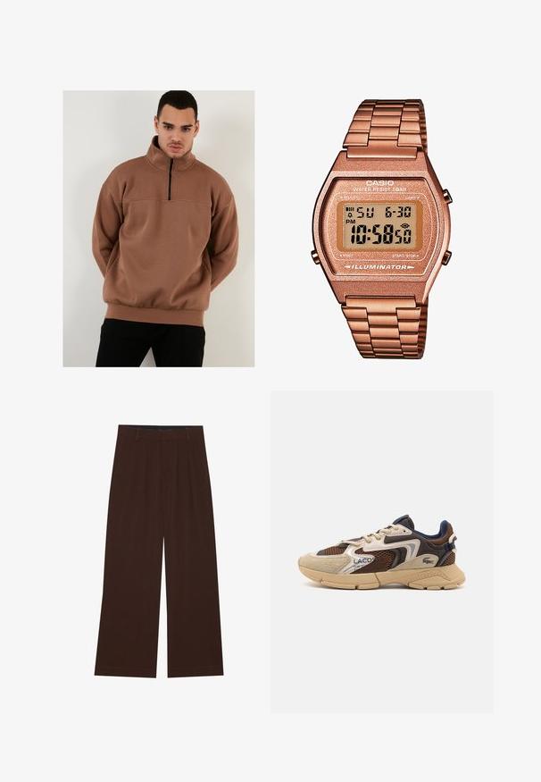 Brown zippered pullover sweatshirt with a high collar, made of soft material, featuring a relaxed fit and ribbed cuffs and hem.; YOURTURN UNISEX 3 PACK BASIC OVERSIZED T-SHIRT - Basic T-shirt - dark brown/off-white/dark grey; Brown wide-leg trousers with pleats. Made of a smooth fabric, featuring a tailored waistband and side pockets. Flat hem at the bottom.; Beige and brown sneaker with textured mesh panels, suede accents, and a rubber sole. Features lace-up design and branded detailing.; Digital Casio watch with a rose gold metal band, rectangular case, illuminated display, and water resistance, showing time and date.