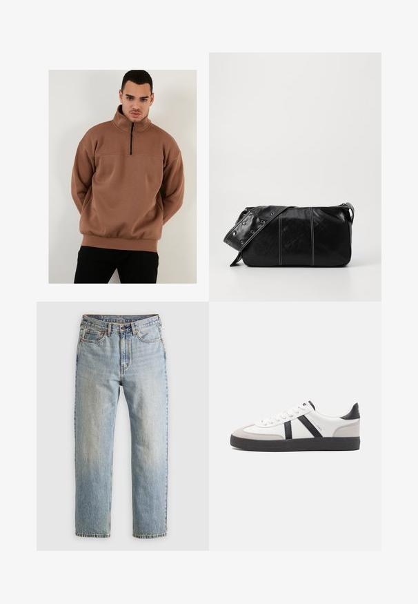 Hnedý pulóvr s zipsom a vysokým golierom, vyrobený z mäkkého materiálu, s uvoľneným strihom a rebrovanými manžetami a spodným okrajom.; Béžové bavlnené tričko s okrúhlym výstrihom a krátkymi rukávmi. Na hrudi je jemné logo "Levi's" v tej istej farbe. Mäkká textúra.; Svetlomodré džínsy s vysokým pásom, predným gombíkom, zipsom a dizajnom s piatimi vreckami, rozložené na neutrálnom pozadí.; Biele tenisky s čiernymi a šedými akcentmi, s textúrovanou šedou špičkou, čiernou gumovou podrážkou a plochými bielymi šnúrkami. Čistý dizajn, minimalistický štýl.; Čierna kožená kabelka cez plece so zipsovým uzáverom, so štruktúrovaným telom, bielym prešívaním a popruhom so striebornými očkami.