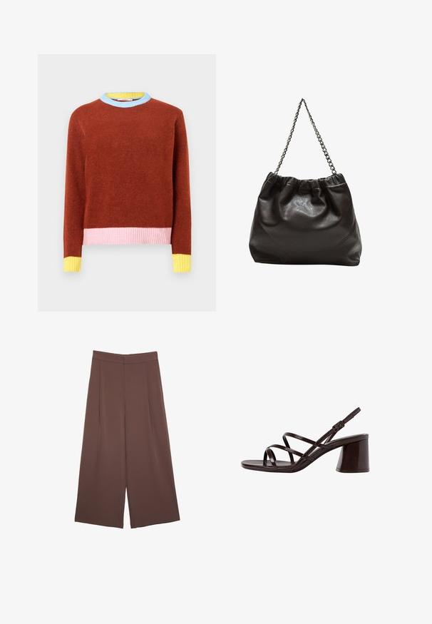 Ruskea neulepaita pyöreällä pääntiellä. Kauluksessa ja hihansuissa vaaleansinisiä, vaaleanpunaisia sekä keltaisia resorikoristeita. Pehmeä tuntuma.; Ruskeat leveälahkeiset housut, joissa on sileä pinta, korkea vyötärö ja etupleat. Kangas on kevyttä ja laskeutuu väljänä.; Ruske sandaale sa visokom potpeticom s debljim petama, s glatkom, sjajnom površinom i višestrukim križnim trakama na gornjem dijelu.; Ruskea nahkainen laukku, jossa on kerätty yläosa ja ketjuhihna. Tasainen pinta, jossa kiiltävä viimeistely ja hienovaraiset sauman yksityiskohdat sivuilla.