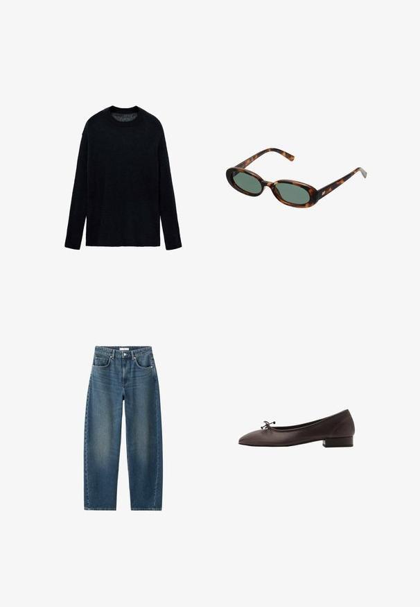 Črni pleteni pulover z okroglo ovratnico, dolgimi rokavi in sproščenim krojem. Mehek sloj, minimalistična zasnova, brez vzorcev ali dodatkov.; Bela brezrokavna obleka z okroglim izrezom in asimetričnim robom, ki se na eni strani spusti do konice.; Temno modri denim kavbojki s ravnimi hlačnicami, pet žepi in klasičnim gumbom za zapiranje. Mehka tekstura z rahlo zbledelostjo.; Rjave usnjene balerinke z zaobljenim nosom in majhnim blokastim peto. Opremljene so z tanko pentljo spredaj in subtilnimi šivi.; Žirafne sončna očala z ovalnimi okvirji in zelenimi lečami. Imajo tanke ročice z metalnim poudarkom blizu tečajev.; Tkana rumena torba z ukrivljenim ročajem in neurejeno obliko. Teksture površine odlikuje križast vzorec po celotni torbi.