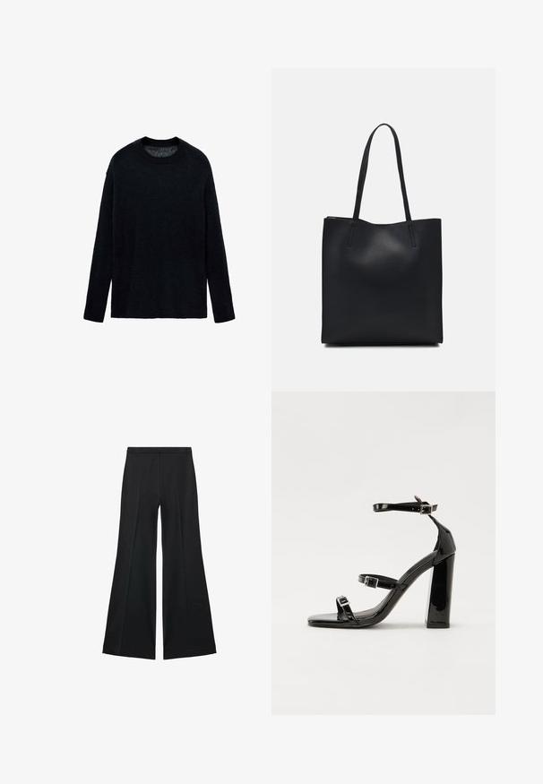 Maglione nero a maglia con scollo tondo, maniche lunghe e vestibilità rilassata. Texture morbida, design minimale, senza motivi o accentuazioni.; Pantaloni neri a gamba larga con una texture liscia, caratterizzati da pieghe frontali e un design sartoriale. Il tessuto è leggero e fluido.; Sandali con tacco alto in vernice nera con due cinturini con fibbia, punta quadrata e tacco spesso a blocco, caratterizzati da una texture liscia e lucida.; Borsa tote in pelle nera con texture liscia, forma rettangolare e due manici lunghi. Nessun hardware o decorazione visibile.