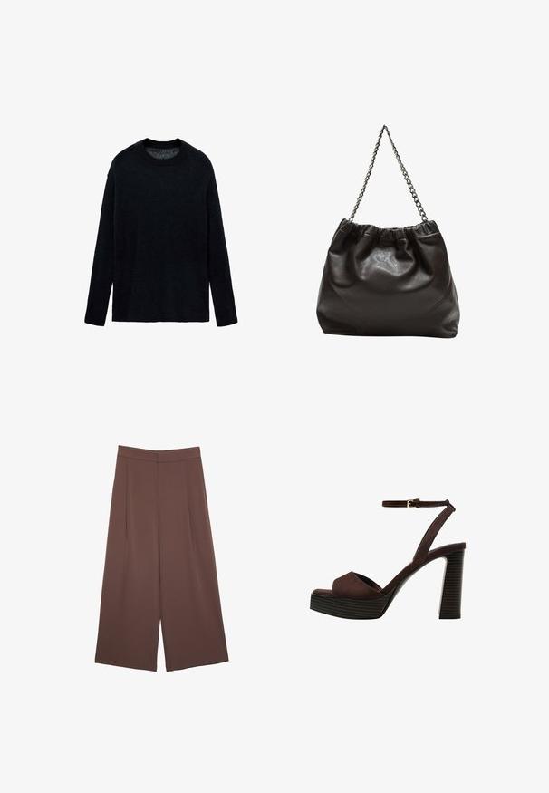 Schwarzer Strickpullover mit Rundhalsausschnitt, langen Ärmeln und einer lässigen Passform. Weicher Stoff, minimalistisches Design, keine Muster oder Akzente.; Braune Weite-Leg-Hosen mit einer glatten Textur, hoher Taille und Vorderfalten. Der Stoff ist leicht und fällt locker.; Braune Wildleder-Pumps mit offenem Zeh, verstellbarem Knöchelriemen und gestreiftem Plateausohlen.; Braune Lederhandtasche mit gerafftem Oberteil und Kettenriemen. Glatte Textur mit glänzendem Finish und subtilen Nahtdetails an den Seiten.
