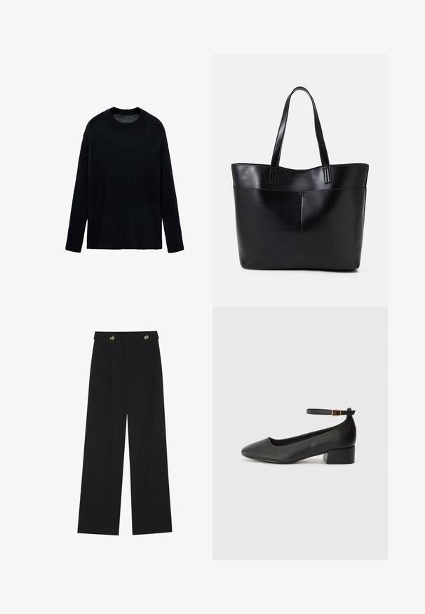 Pulover negru din tricot, cu guler rotund, mâneci lungi și croială relaxată. Textură moale, design minimal, fără modele sau accente.; Pantaloni negri cu picioare largi, talie înaltă, detalii cu butoane pe talie și pliseuri în față.; Pantof cu toc negru din piele, cu vârf ascuțit și toc mic pătrat. Dispune de o curea la gleznă cu o cataramă în tonuri de aur. Textură netedă.; Geantă oversized din piele neagră, cu două mânere lungi, de textură netedă și formă structurată. Are un buzunar frontal pentru stocare suplimentară.