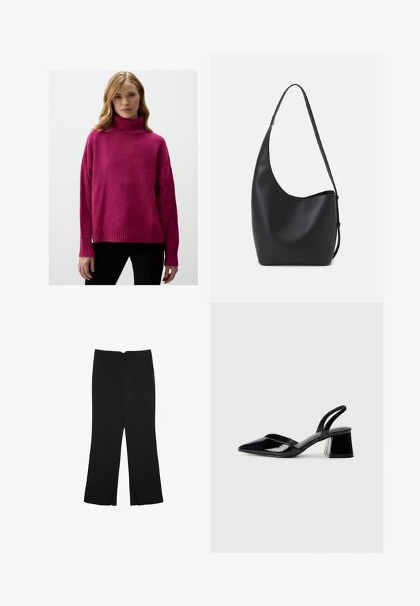 Pull en maille magenta avec col roulé, coupe ample, poignets et ourlet côtelés. Texture douce avec une conception décontractée, mettant en avant des épaules tombantes.; Pantalon noir avec une coupe droite, doté de poches avant et d'éclairs sur l'ourlet. Fabriqué en tissu doux et lisse. Convient à diverses occasions.; Escarpins en cuir verni noir avec bout pointu et talon bloc géométrique. Présente un design élégant et minimaliste ainsi qu'une texture lisse.; Sac hobo en cuir noir avec une texture lisse, une forme incurvée et une seule sangle réglable ; dispose d'une large ouverture en haut.