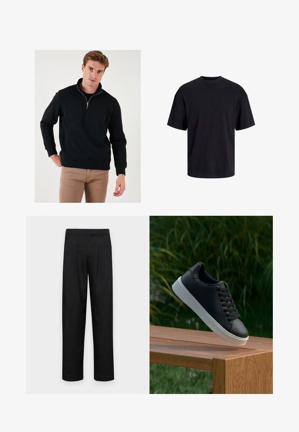 Sudadera negra con cremallera, cuello alto, mangas largas y un corte holgado. Fabricada con un tejido suave con puños y dobladillo acanalados.; Camiseta de algodón negra con cuello redondo, mangas cortas y un ajuste relajado. Textura suave y sin patrones ni acentos visibles.; Pantalones negros de tela suave, con un diseño de pierna recta, dos pliegues frontales y una cintura estándar con trabillas para el cinturón.; Zapatilla negra de cuero con una textura suave, suela de goma blanca y seis ojetes para cordones, exhibida sobre una superficie de madera.