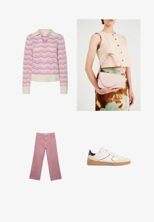 Pletený svetr s výstřihem do V a krátkým límcem, s vlnitým vzorem v růžové a krémové barvě. Texturovaný, s žebrovanými manžetami a lemem.; Růžové široké džínsy vyrobené z denimu, s vysokým pasem, předními kapsami a decentními švy. Hladká textilie bez vzorů.; Stradivarius Tenisky - white; Růžová kožená kabelka s zakřiveným klopou, jedním ramenním popruhem a čistými liniemi. Taška má hladkou texturu a minimalistický design.