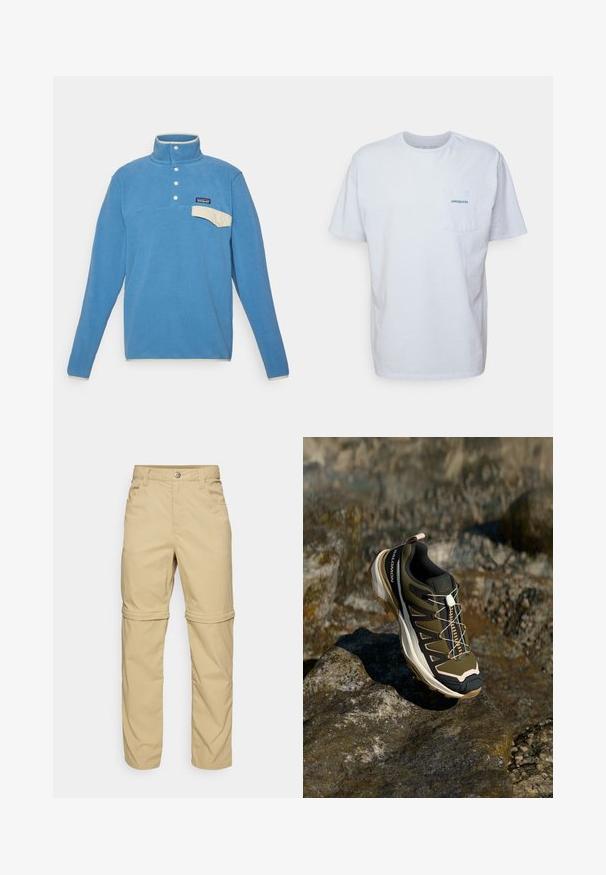 Sinine fliispullover kõrge kaelusega, heledast beežist rinnatasku ja kolm valget nööpi. Pehme tekstuur, lihtne disain logo etiketiga.; Valge puuvillane t-särk lühikeste varrukatega, ümar kaelus ja vasakpoolne rinnatasku koos sinise "Patagonia" logoga. Klassikaline lõige, sileda tekstuuriga.; Beezhides zip-off püksid sujuva tekstuuriga, kus on kaks küljetaskut, nööbiga sulgu ja mugavust lisavad keeratavad varrukad.; Olive rohelised ja mustad matkasaapad roosade aktsentidega. Omab tekstuurset ülemist osa, painduvaid põhi, tugevdatud varbakaitset ja värvilist paeltesüsteemi.