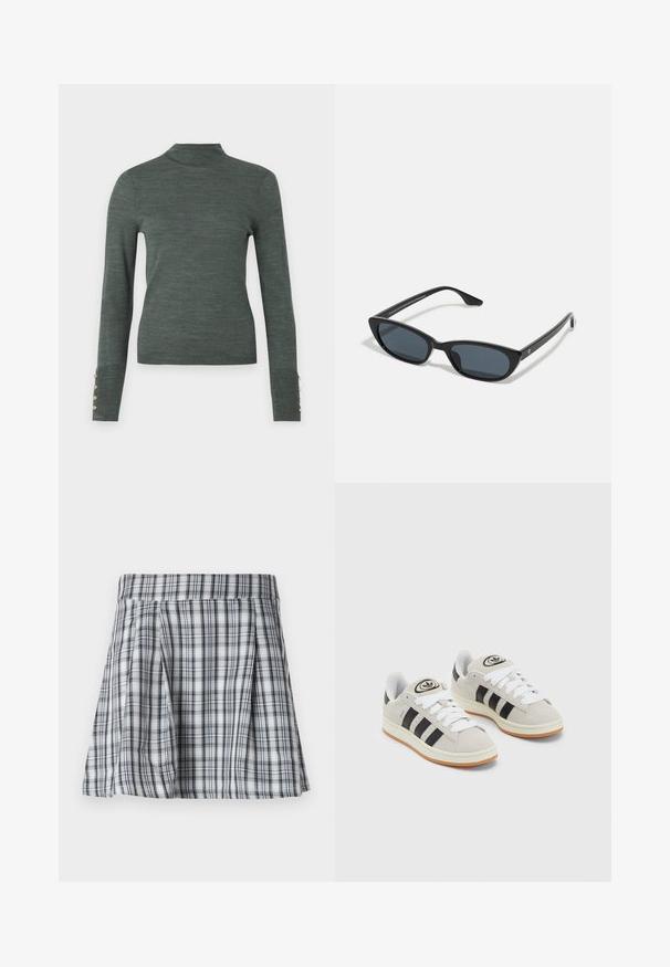 Dunkelgrüner Rollkragenpullover mit langen Ärmeln, der mit goldenen Knopfdetails an den Manschetten und einer glatten, leichten Textur gestaltet ist.; Karierte Minirock in Grau und Weiß, mit Falten und einem Taillenbund. Aus leichtem Stoff gefertigt, mit vertikalen und horizontalen Streifen.; Graue Wildledersneaker mit weißen Schnürsenkeln, schwarzen Streifen und einer weißen Gummisohle. Merkmale sind ein kreisförmiges Logo auf der Zunge und eine Gummisohle.; Schwarze Cat-Eye-Sonnenbrille mit dunklen Gläsern, Kunststoffrahmen, schlanken Bügeln und dezentem Branding an der inneren Seite des Bügels. Matte Oberflächenstruktur.