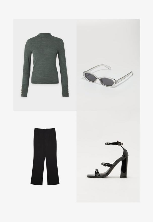 Mørkegrøn turtleneck sweater med lange ærmer, der har guldknapdetaljer ved manchetterne og en glat, let tekstur.; Sorte bukser med lige pasform, der har frontlommer og slidser i kanten. Lavet af blødt, glat stof. Velegnet til forskellige anledninger.; Sorte laklædersandaler med høje hæle, to spænderemme, firkantet tå og en kraftig blokhæl, der har en glat, blank overflade.; Solsikker med oval form, klar plastramme, mørkegrå linser og tynde gennemsigtige arme med logovariationer og minimal detaljer.