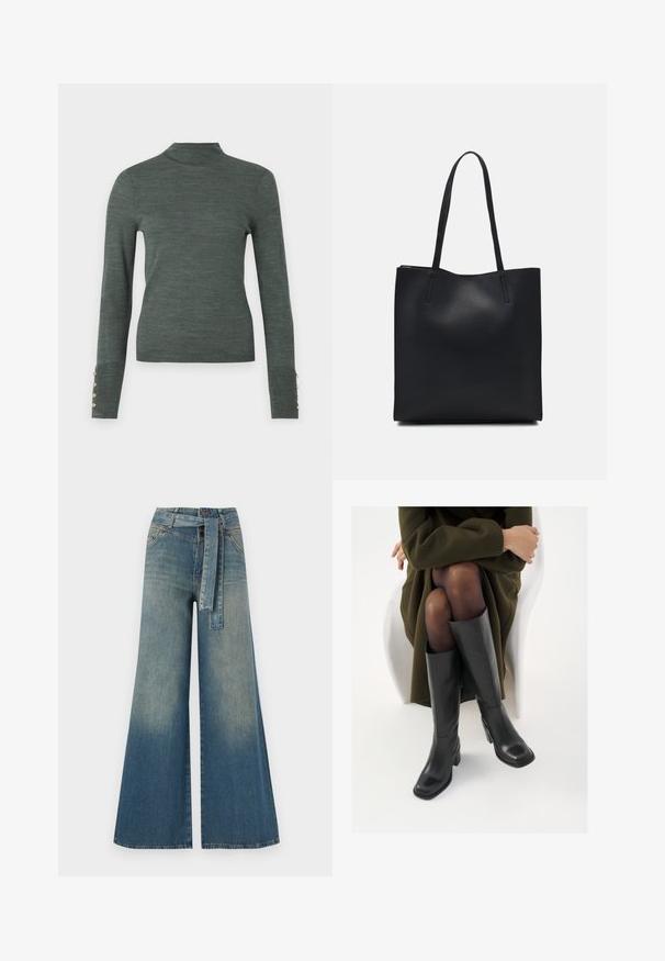 Dark green turtleneck sweater with long sleeves, featuring gold button accents at the cuffs and a smooth, lightweight texture.; Wide-leg denim trousers featuring a light to dark blue gradient, high waist, belt loops, and a matching fabric belt. Textured denim finish.; Knee-high black leather boots with a squared toe and block heel, shown with a model seated in an olive green coat. Smooth texture, minimal detailing.; Black leather tote bag with smooth texture, rectangular shape, and two long handles. No visible hardware or embellishments.