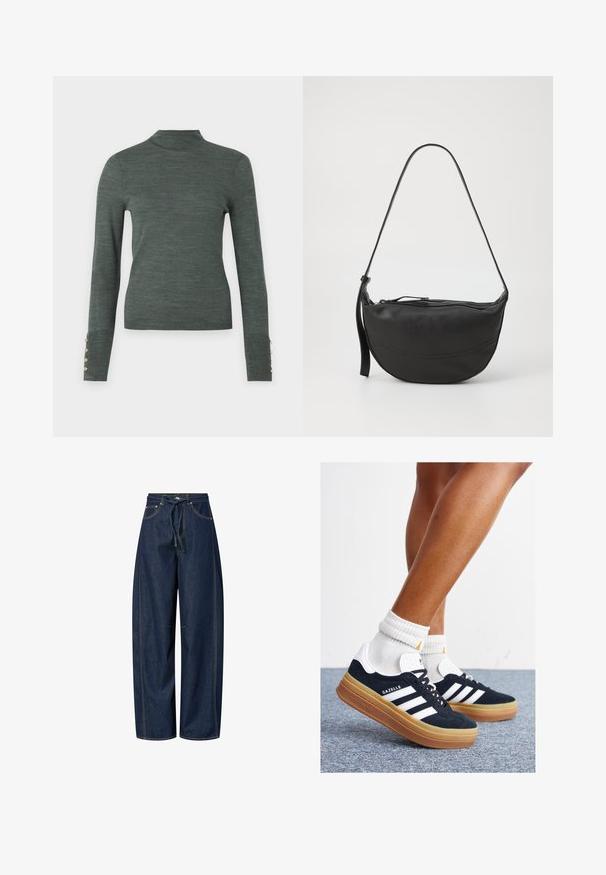 Pull en col roulé vert foncé avec des manches longues, présentant des accents de boutons en or au niveau des poignets et une texture lisse et légère.; Pantalons en denim à jambes larges, de couleur bleu foncé, avec une taille à cordon de serrage, des coutures contrastantes et deux poches avant. Texture lisse, coupe décontractée.; Baskets en daim noir avec des rayures et des accents blancs, bout arrondi, semelle extérieure en caoutchouc gomme, associées à des chaussettes blanches côtelées mi-mollet.; Sac à bandoulière en cuir noir avec une forme incurvée, une seule bandoulière, une fermeture éclair et des détails de couture subtils le long du corps.