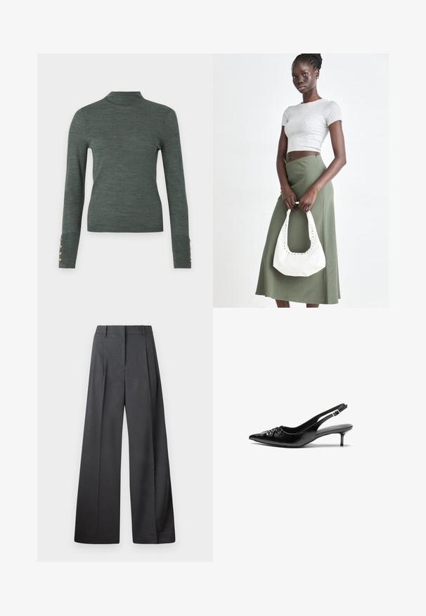 Dunkelgrüner Rollkragenpullover mit langen Ärmeln, der mit goldenen Knopfdetails an den Manschetten und einer glatten, leichten Textur gestaltet ist.; Weite Hosen aus dunkelgrauem Stoff, mit hoher Taille, einzelnen Falten und einer glatten Textur mit sauberen Abschlüssen an den Säumen.; Schwarze Leder-Slingback-Absätze mit einer spitzen Zehenform, kleinen Kitten-Absätzen und einem dekorativen Knoten-Detail auf der Vorderseite. Glatte Textur über die gesamte Fläche.; Grauer gerippter Croptop und olivgrüner Rock mit hoher Taille. Das Modell hält eine weiße Schultertasche mit Ausschnittdetails. Schlichte Gestaltung, taillierte Silhouette.