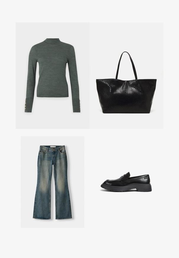 Ciemnozielony sweter z golfem i długimi rękawami, z złotymi guzikami na mankietach oraz gładką, lekką fakturą.; Niebieskie dżinsy w fasonie dzwonów z wyblakłym wykończeniem, pięcioma kieszeniami i zapięciem na guzik. Materiał ma fakturę dżinsu z subtelnymi detalami szycia.; Czarny skórzany mokasyn z grubą gumową podeszwą, paskiem w stylu penny i zaokrąglonym noskiem, przedstawiony w profilu bocznym na białym tle.; Czarna pleciona torba na ramię z dwoma mocnymi uchwytami, charakteryzująca się błyszczącą powierzchnią i przestronnym otwartym topem.