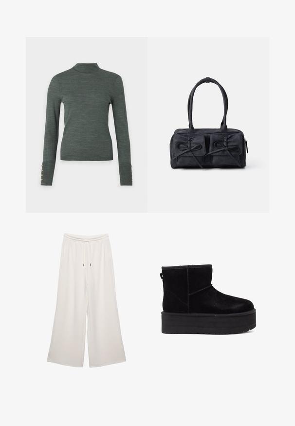 Donkergroene coltrui met lange mouwen, voorzien van gouden knopen als accent bij de manchetten en een zachte, lichte textuur.; Crème-kleurige wijde broek van zacht materiaal, met een elastische tailleband, trekkoord en zijzakken. Glad van textuur.; Zwarte suède enkellaarzen met een dikke platformzool en een zachte voering. Afgewerkt met stikselaccenten en een achterste looplip voor eenvoudig aan- en uittrekken.; Zwarte stoffen handtas met twee voorzakken met strikdetails, dubbele handvatten en ritssluiting. Zachte textuur en rechthoekige vorm.