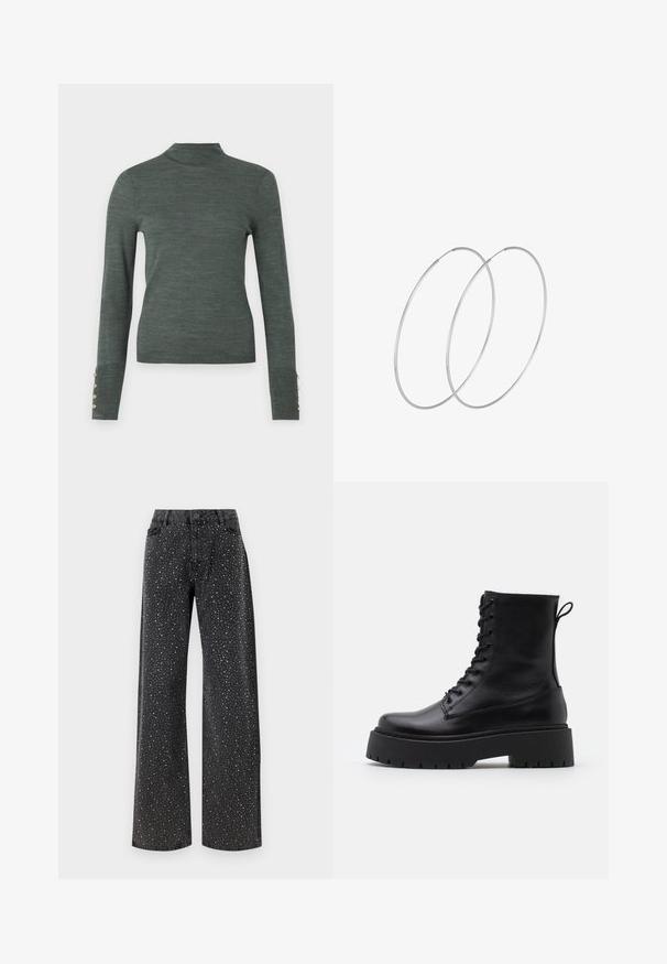 Dark green turtleneck sweater with long sleeves, featuring gold button accents at the cuffs and a smooth, lightweight texture.; Noisy May NMJANNEL LOOSE - Relaxed fit jeans - black denim; Black leather ankle boots with a round toe, lace-up front, and a thick rubber sole featuring a textured tread. Pull tab at the back.; Silver hoop earrings with a minimalist design. Circular shape, smooth texture, and thin profile. Lightweight with a polished finish.