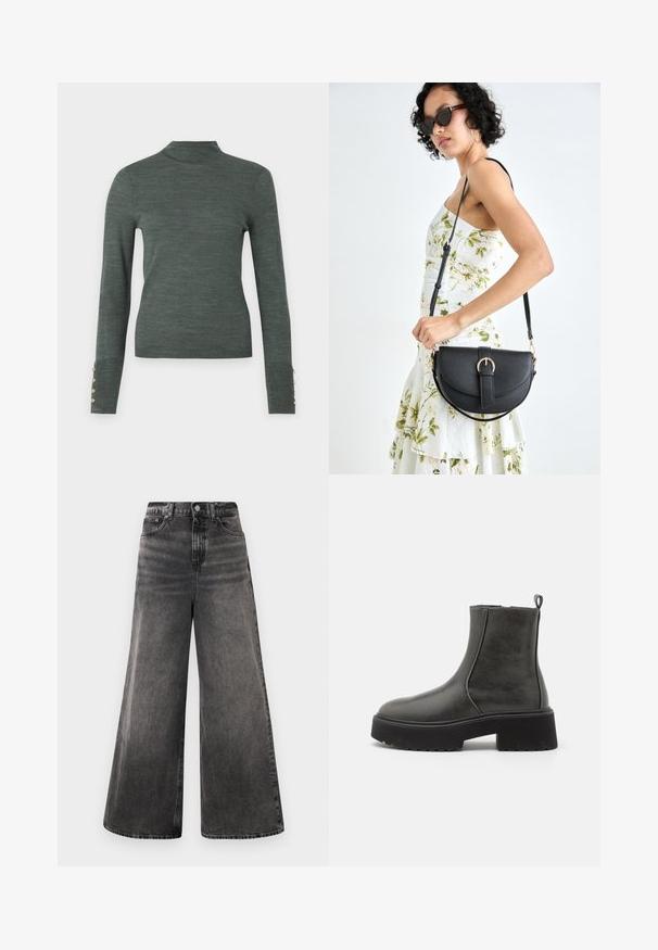 Tummanvihreä pooloneule, jossa on pitkät hihat ja kultaiset nappiyksityiskohdat hihansuissa. Neuleessa on sileä ja kevyt rakenne.; Mustat leveälahkeiset farkut haalistuneella pesulla, viisi taskua ja nappikiinnitys vyötäröllä, koristeompeleilla varustettuna.; Mustat nilkkurit, joissa on sileä synteettinen päällinen, joustavat sivupaneelit, kantohihna ja paksu kumipohja.; Musta nahkainen käsilaukku, joka on kaareva muotoilultaan, irrotettavalla hihnalla ja kultaisilla yksityiskohdilla. Laukussa on läppä, jossa on solk yksityiskohta.