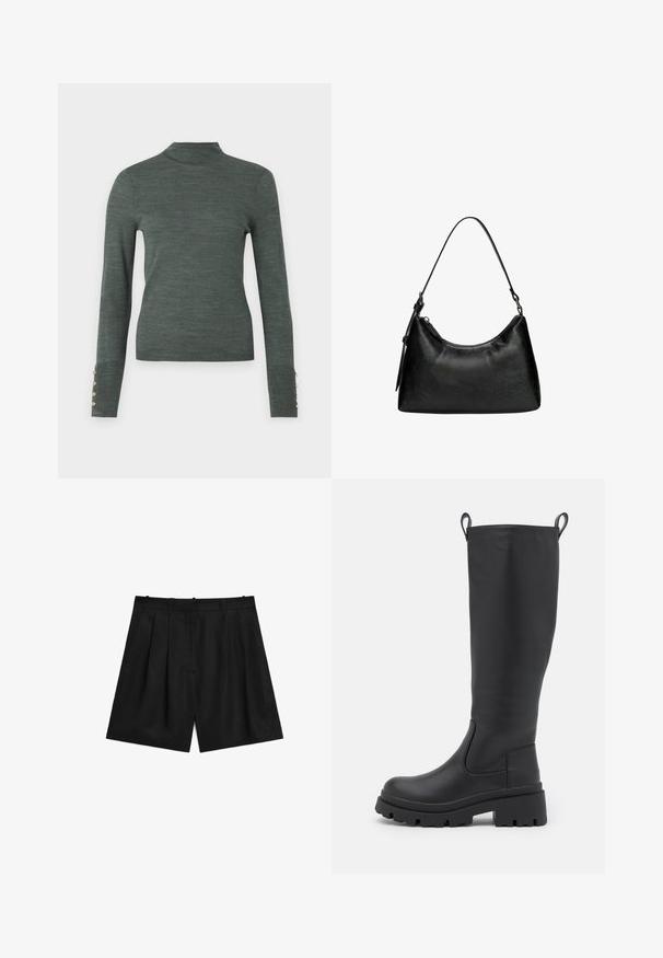 Donkergroene coltrui met lange mouwen, voorzien van gouden knopen als accent bij de manchetten en een zachte, lichte textuur.; Zwarte op maat gemaakte shorts van een gladde, lichtgewicht stof. Met plooien, twee zijzakken en een strakke tailleband.; Zwarte kniehoge laars van soepel leer met een chunky zool en een lichte hak. Voorzien van trekbanden en elastische zijpanelen voor gemakkelijk aan- en uittrekken.; Zwarte synthetische leren handtas met een gebogen vorm, korte handgreep, ritssluiting en een subtiel textuurpatroon op het oppervlak.