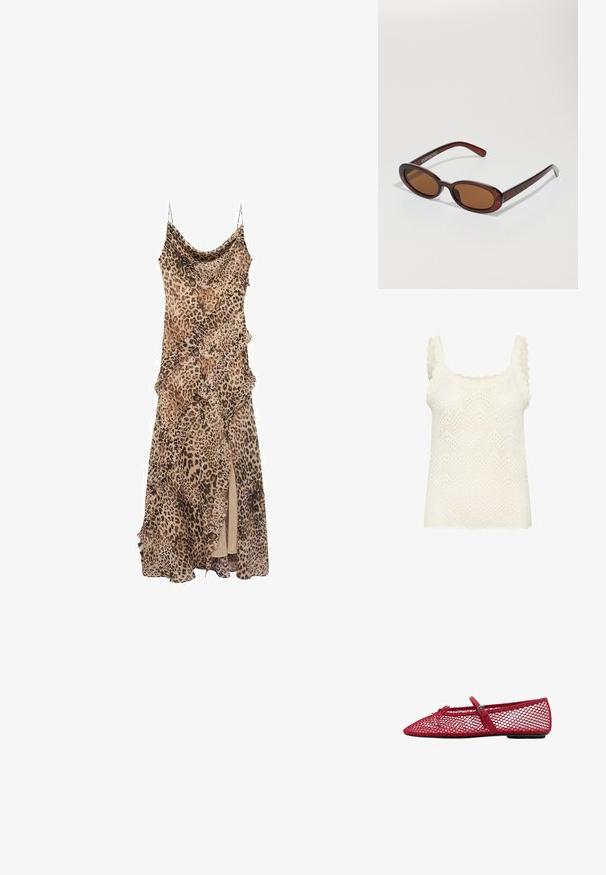 Bela pletena majica bez rukava s kvadratnim izrezom, volanastim naramenicama i teksturiranim cik-cak uzorkom. Lagani i prozračni dizajn, ležeran kroj.; Obleka z leopardjim vzorcem z drapirano zasnovo, obrobljena z naborki in s visokim razporkom do stegna. Narejena iz lahkega materiala z naramnicami.; Rde mrežaste balerinke s koničastim prstom, ki imajo tanek trak in podrobnost z zaponko. Zgornji del ima odprt, satasti vzorec.; Okrogle, rjavo obarvane sončne naočare z sijočim burgundskim okvirjem. Tanek nosilec s subtilnim logotipom. Oblika leč je ravna.