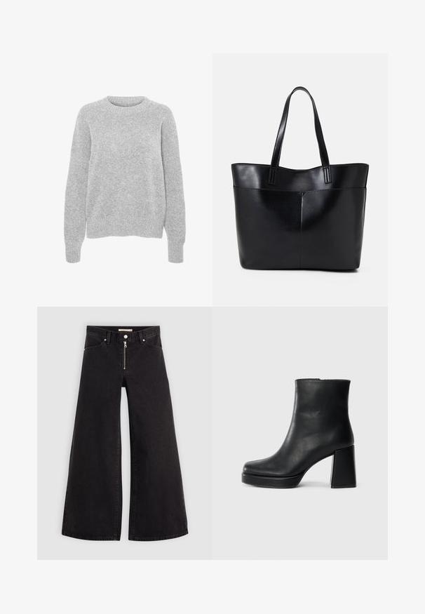 Grå strikket genser med lange ermer, rund hals, ribbede mansjetter og kant, med en myk tekstur og avslappet passform.; Vide benbukser i sort denim med glidelås i front, fem-lomme design og subtile sømdetaljer. Glatt tekstur og avslappet stil.; Sorte skinnankelsko med blokkhæl og plattformsåle, sett fra siden på en enkel hvit bakgrunn.; Svart lær toteveske med to lange håndtak, en glatt tekstur og en strukturert form. Har en frontlomme for ekstra oppbevaring.