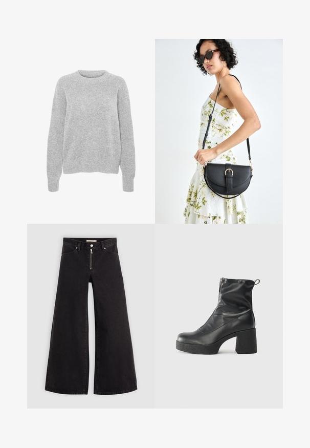 Pull en maille gris avec des manches longues, un col rond, des bords-côtes aux poignets et à l'ourlet, présentant une texture douce et une coupe décontractée.; Jean large en denim noir avec une fermeture éclair à l'avant, un design à cinq poches et des détails de couture subtils. Texture lisse et style décontracté.; Bottes noires à la cheville en cuir lisse, dotées d'une fermeture éclair sur le côté, d'un talon épais texturé et d'une conception à bout rond.; Sac à main en cuir noir avec une forme courbée, bandoulière amovible et des accessoires en or. Le sac est doté d'un rabat avec un détail de boucle.