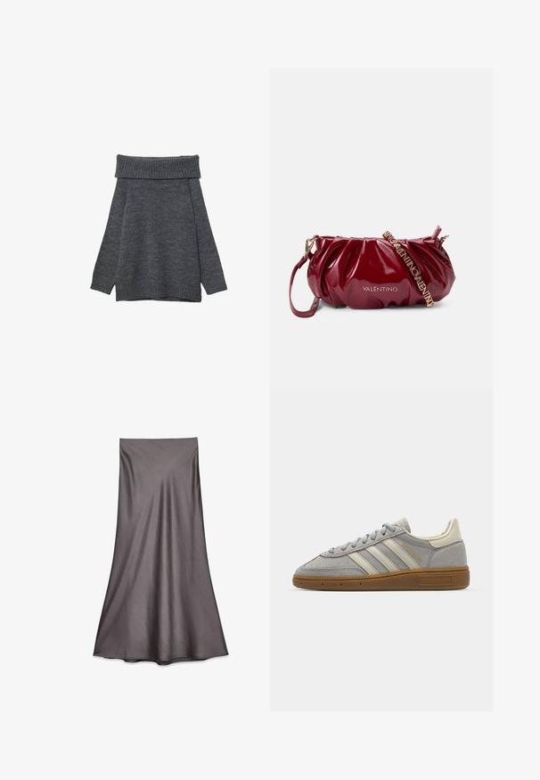 Temno sivi pulover z širokim rebrastim ovratnikom, ki se nosi sramnik. Dolgi rokavi in ohlapen kroj z rebrastimi manšetami in robom. Mehka tekstura.; Siva satin midi krila z gladko teksturo in padajočim dizajnom. Ima raven kroj, ki sega pod kolena, brez okrasnih elementov.; Sive športne copate iz semiša z svetlosivimi usnjenimi črtami in gumijastim podplatom. Značilnosti vključujejo vezalni sistem in subtilno blagovno oznako na jezičku.; Burgundska lakirana usnjena torbica z naborkom, z zlatim okrasjem in nastavljivim trakom z napisom "VALENTINO".