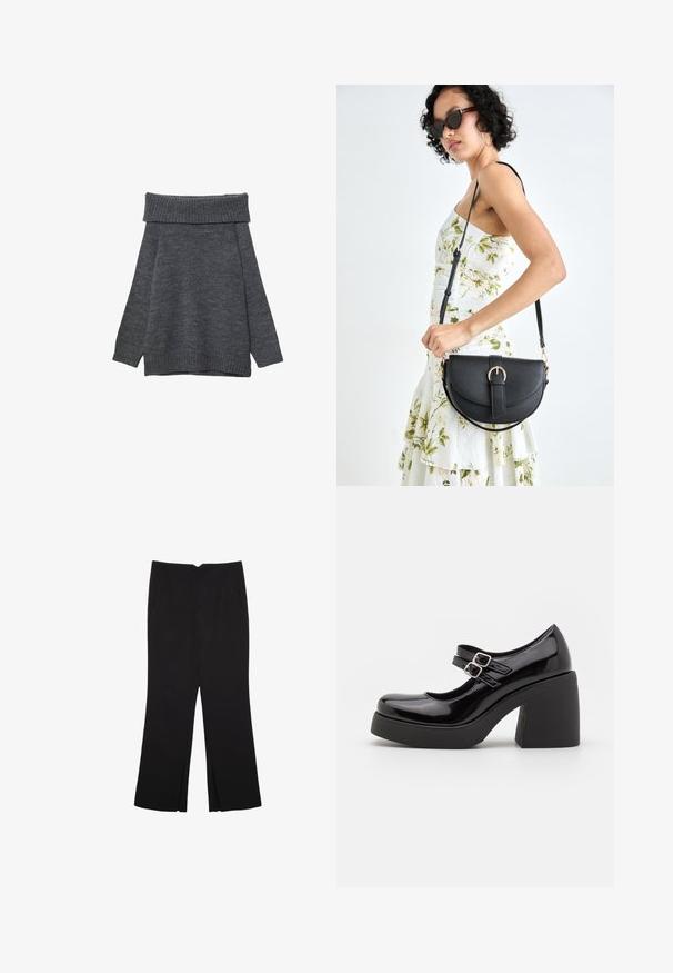 Tamno siva dukserica s širokim, rebrastim izrezom s ramena. Dugi rukavi i slobodan kroj s rebrastim manžetama i rubom. Mekana tekstura.; Crne hlače ravnog kroja, s prednjim džepovima i bočnim prorezima na rubu. Izrađene od mekog i glatkog materijala. Pogodne za razne prigode.; Crne lakirane Mary Jane cipele s dvostrukim kopčama, okruglim prstom i debelim visokim potpeticama s debelim platformom.; Crna kožna torba s lukovitim oblikom, odvojivim remenom i zlatnim detaljima. Torba ima preklop s kopčom.