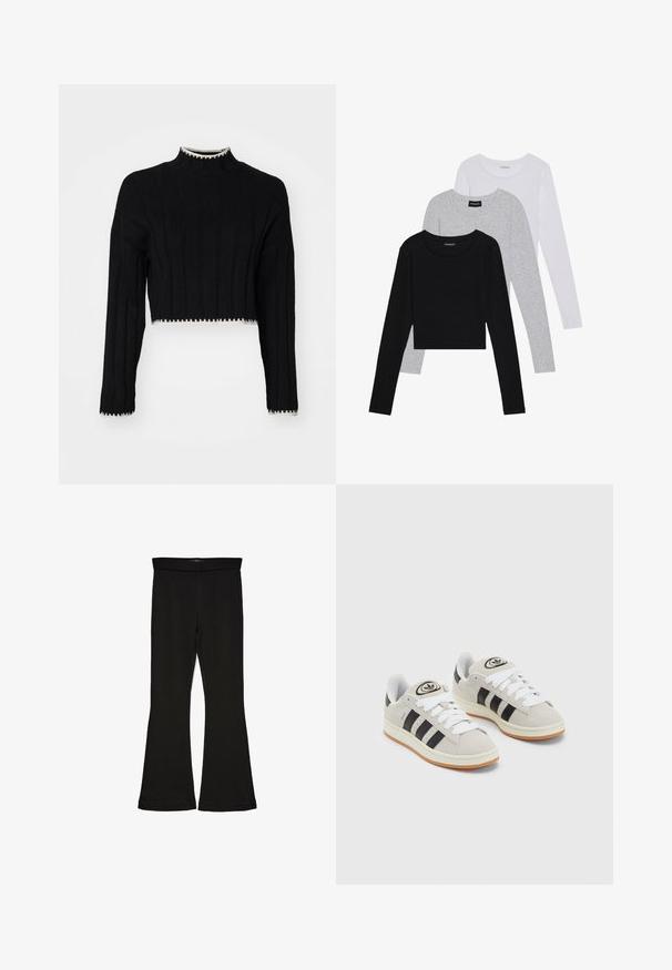 Crni skraćeni pulover s rebrastom teksturom, visokim izrezom, dugim rukavima i kontrastnim bijelim rubom duž dna i manžeta.; Tri dugih rukava posložena: crna, siva i bijela. Svaka ima okrugli izrez i skrateni kroj s glatkom, laganom tkaninom.; Crne hlače na tregere od rastezljivog materijala. Imaju širok pojas i glatku teksturu, s uskim krojem koji se širi na rubu.; Sive suede tenisice s bijelim vezicama, crnim prugama i bijelim gumiranim potplatom. Imaju kružni logo na jeziku i gumeni potplat.