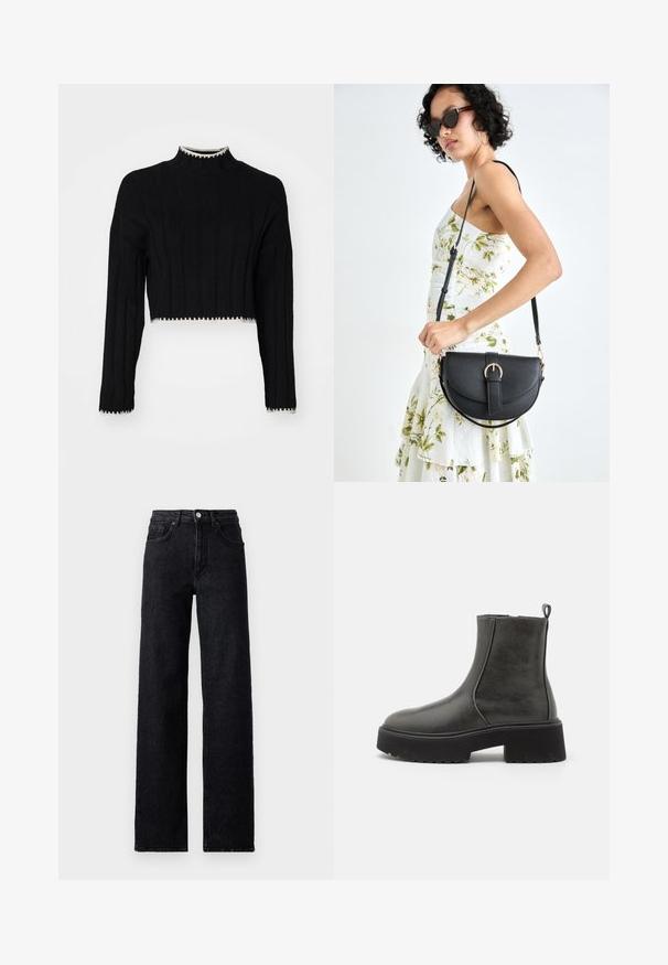 Svart kort tröja med ribbad textur, hög hals, långa ärmar och med kontrasterande vit kant vid nederkanten och manschetterna.; Höga svarta denimjeans med knapp- och dragkedjestängning, fram- och bakfickor samt rak passform.; Svarta ankelstövlar med en slät syntetisk ovandel, elastiska sidopaneler, en dragflik och en kraftig gummisula.; Svart läderhandväska med en böjd form, avtagbar rem och guldiga detaljer. Väskan har ett lock med en spänndetalj.
