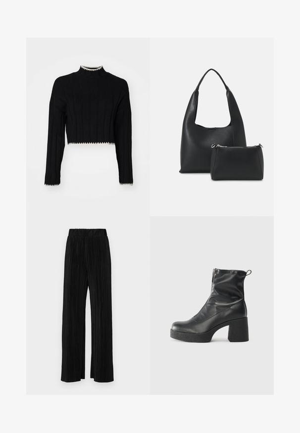 Μαύρη κοντή ζακέτα με ρυτινωτή υφή, ψηλό γιακά, μακριά μανίκια και αντίθετη λευκή διακόσμηση κατά μήκος του τελειώματος και των μανικιών. ; Μαύροι πλισέ παντελόνια με ελαστική μέση. Διαθέτουν φαρδιά πόδια και μαλακό, υφασμάτινο υλικό με κατακόρυφες ρίγες.; Μαύρες μποτές μέχρι τον αστράγαλο από λείο δέρμα, με πλευρικό φερμουάρ, χοντρό υφασμάτινο τακούνι και στρογγυλή μύτη.; Even&Odd Τσάντα χειρός - black