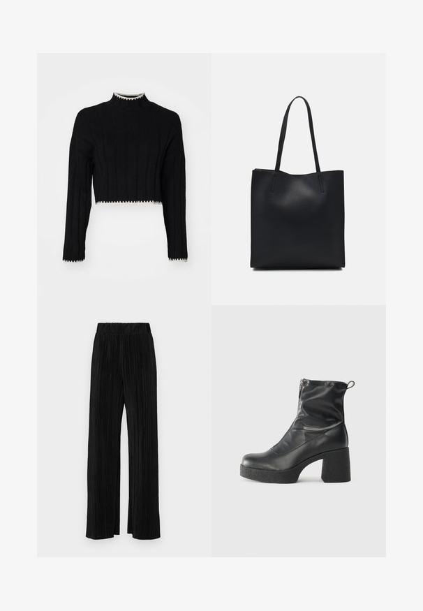 Fekete, rövidített pulóver bordás textúrával, magas nyakkal, hosszú ujjal és kontrasztos fehér díszítéssel az alján és az ujjak végén.; Fekete pliszírozott nadrág gumis derekkal. Széles lábakkal rendelkezik, sima, texturált anyagból készült, függőleges csíkokkal.; Fekete bokacsizmák sima bőrből, oldalsó cipzárral, vastag, texturált sarkú és lekerekített orrú dizájnnal.; Fekete bőrtáska sima felszínnel, téglalap alakú, két hosszú füllel. Nincs látható fémkiegészítő vagy díszítés.
