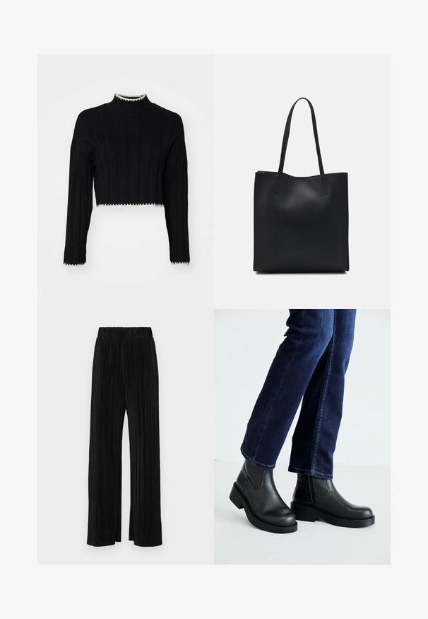 Sweater preto curto com textura canelada, gola alta, mangas longas e detalhamento branco em contraste ao longo da barra e das punhos.; Calças pregueadas pretas com uma cintura elástica. Apresentam pernas largas e um tecido liso, texturizado com riscas verticais.; Botas de tornozelo de couro preto com sola grossa e painéis elásticos laterais, combinadas com jeans azul escuro. O chão é de cor clara.; Bolsa tote preta em couro com textura lisa, forma retangular e duas alças longas. Sem hardware ou enfeites visíveis.