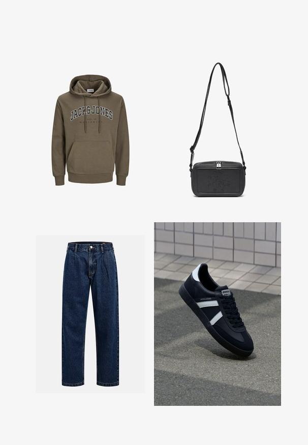 Olivgrüner Kapuzenpullover mit Kordelzug, Kängurutasche, gerippten Bündchen und Saum, mit "JACK & JONES" und "EST. 90 WORLDWIDE" auf der Vorderseite bedruckt.; Dunkelblaue Denim-Jeans mit geradem Bein. Mit sichtbaren Nähten, einem Knopfverschluß und Frontfalten für zusätzliche Details.; Schwarze Leder-Sneaker mit weißen Streifen, strukturiertem Gummisohle und Schnürung. Verfügt über ein Markenetikett auf der Zunge.; Schwarze Leder-Crossbody-Tasche mit einem Reißverschluss, geprägtem Logo auf der Vorderseite und verstellbarem Riemen. Glatte Textur mit rechteckiger Form.