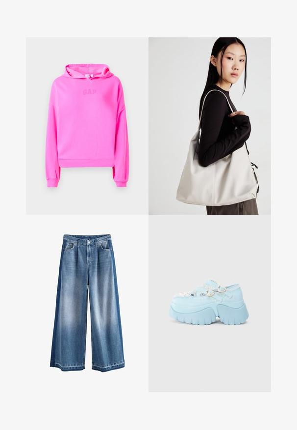 Ružová skrátená mikina vyrobená z mäkkej tkaniny, so šnúrkou na kapucni a jemným logom GAP v strede. Rybárované manžety a spodný lem.; Džínsy s širokými nohavicami v svetlom až strednom odtieni modrej, s vyblednutým efektom, klasickými vreckami a zapínaním na gombíky. Pevný bavlnený materiál.; Svetlomodré platformové topánky s hrubou gumovou podrážkou, šnúrkovými akcentami a dvoma dekoratívnymi srdcovými sponami. Prítomný textúrovaný povrch.; Béžová kabelka vyrobená z mäkkého materiálu, s uvoľneným dizajnom, prišitými detailmi a dvoma popruhmi na nosenie na pleciach. Vhodná na každodenné nosenie.