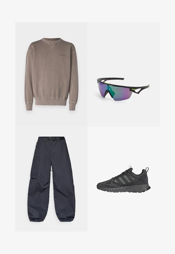 Element CORNELL - Felpa - light brown; Pantaloni cargo grigi scuri realizzati in un materiale morbido e resistente. Presentano una vestibilità ampia e comoda, numerose tasche e una cintura in vita per la regolazione.; Scarpe da atletica nere con tomaia in mesh e suede, suola in gomma testurizzata, collare imbottito e un distintivo design a tre strisce grigie.; Occhiali da sole sportivi con montatura nera, grandi lenti a gradiente con sfumature viola e verdi, e dettagli di design angolari con logo.