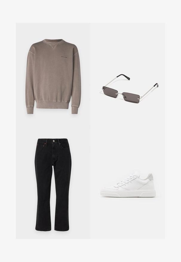 Element CORNELL - Felpa - light brown; Jeans in denim nero con una vestibilità a gamba dritta, stile a cinque tasche e accessori in metallo con dettagli in rame. Texture liscia e vita media.; Sneaker bianche in pelle con finitura liscia, punta arrotondata, lacci piatti e suola texturizzata. Accento in suede grigio sul tallone.; Occhiali da sole con lenti rettangolari di colore grigio scuro, montatura in metallo argentato e punte nere in plastica sulle asticelle. Design leggero con cuscinetti per il naso.