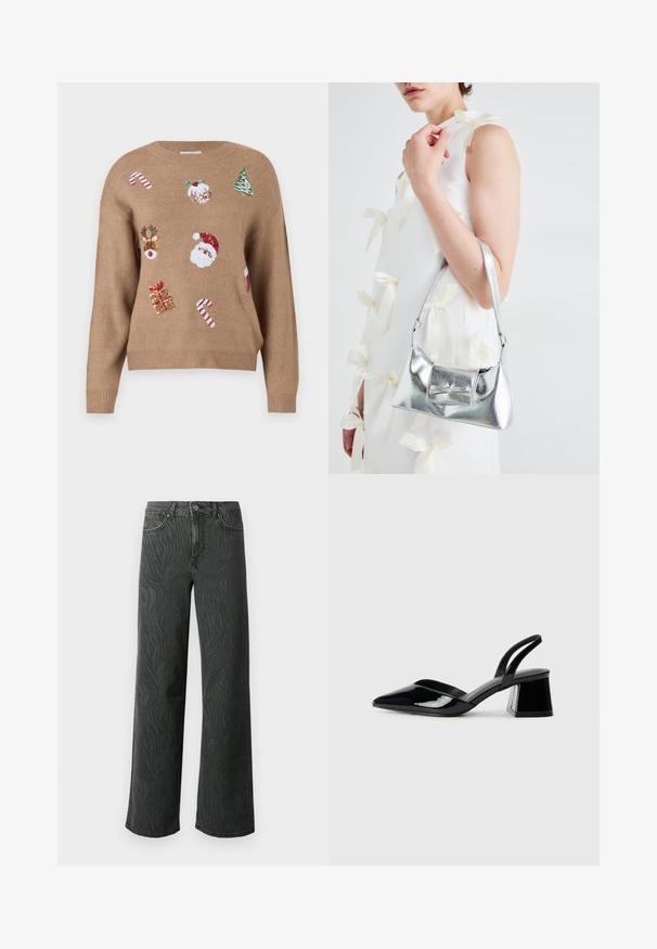Brun strikket genser med juletema broderte motiver, inkludert julenisse, reinsdyr, gaver og sukkerstenger i forskjellige farger.; Vide ben jeans i mørkegrå denim, med en subtil zebra-mønster tekstur, kontrast søm, og fem lommer med knappestol. ; Svarte patentlær slingback hæler med spiss tå og geometrisk blokk hæl. Har et stilrent, minimalistisk design og jevn tekstur.; Sølvmetallisk håndveske med en strukturert form, med en topphåndtak og sløyfedetalj foran. Glatt tekstur, reflekterende overflate.