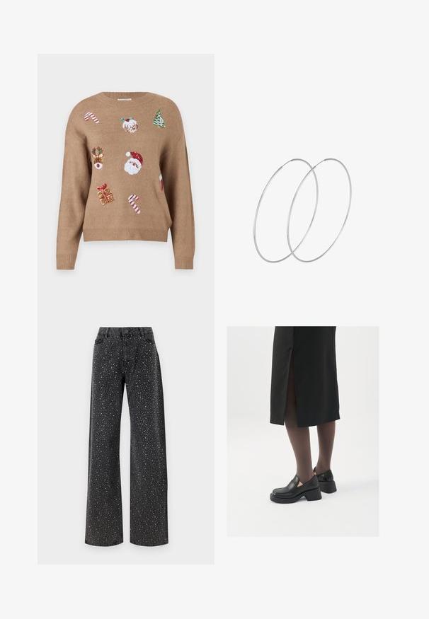 Ruskea neulepaita, jossa on jouluteemaisia brodeerauksia, mukaan lukien joulupukki, poro, lahjat ja karkkijoulupuuron palkki eri väreissä.; Noisy May NMJANNEL LOOSE - Relaxed fit -farkut - black denim; Mustat nahkakengät pyöreällä kärjellä, paksulla lohkopohjalla ja joustavilla sivuakkesseilla, yhdistettynä tummiin sukkahousuihin ja mustaan hameeseen, jossa on halkio.; Hopehope hopeilla, joissa on minimalistinen muotoilu. Pyöreä muoto, sileä pinta ja ohut profiili. Kevyet ja kiillotetut.