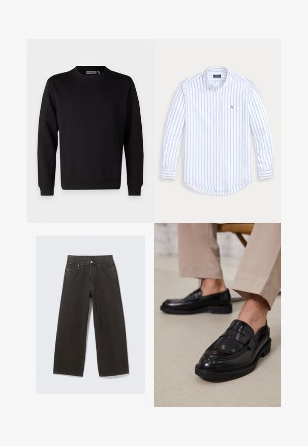 Juodasis džemperis, pagamintas iš lygaus medvilnės mišinio, turi apvalų kaklą, ilgas rankoves ir ribotuvius bei apvadą. Nenustatyti jokie raštai ar akcentai.; Šviesiai mėlyna ir balta dryžuota ilgomis rankovėmis marškinėlių palaidinė, pagaminta iš medvilnės, su išlenktu hemu ir mažuoju išsiuvinėtų logotipu ant krūtinės.; Plati juodos džinsinio audinio kelnės turi aukštą liemenį, penkių kišenių dizainą ir užsegimą su sagomis. Audinys yra minkštas, tekstūruotas.; Juodi odiniai loaferiai su lygia apdaila, su dekoratyvine juosta ir kontrastinėmis siūlėmis, derinami su bežinėmis kelnėmis.