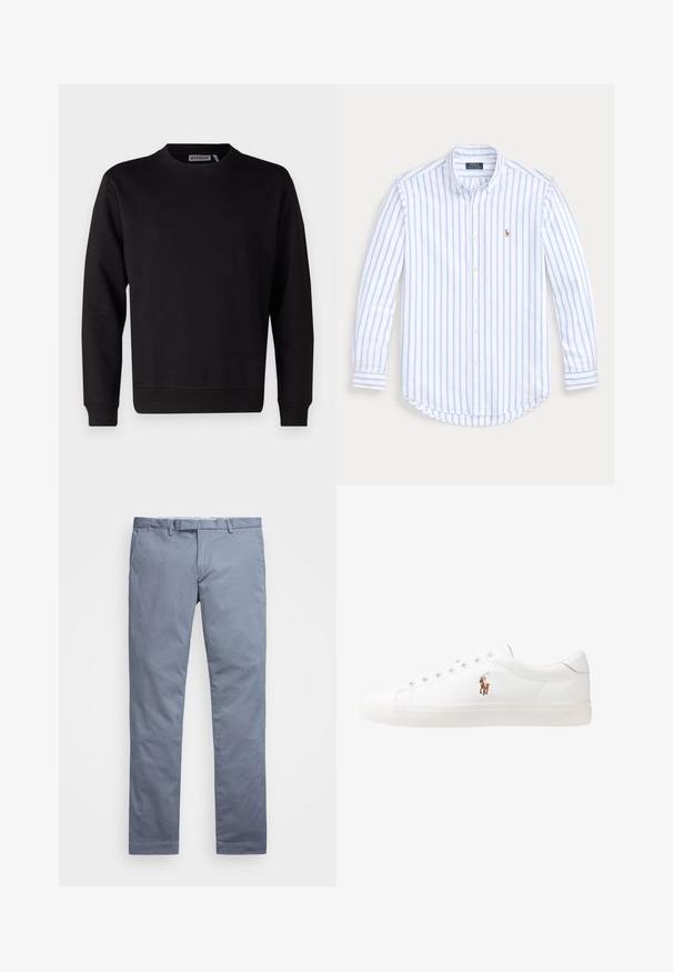 Sort sweatshirt lavet af glat bomuldsblanding, med rund hals, lange ærmer og ribstrikkede manchetter og kant. Ingen mønstre eller accenter synlige.; Lyseblå og hvidstribet langærmet skjorte med knapper, lavet af bomuld, med en buet kant og et lille broderet logo på brystet.; Lysblå bomulds chinos med slim fit, lige ben, bæltestropper og lynlås. Har diskret syninger og ingen synlige mønstre.; Hvide lædersneakers, lavtop design, med en glat tekstur, rund tå, snørret front og et lille broderet logo på siden.