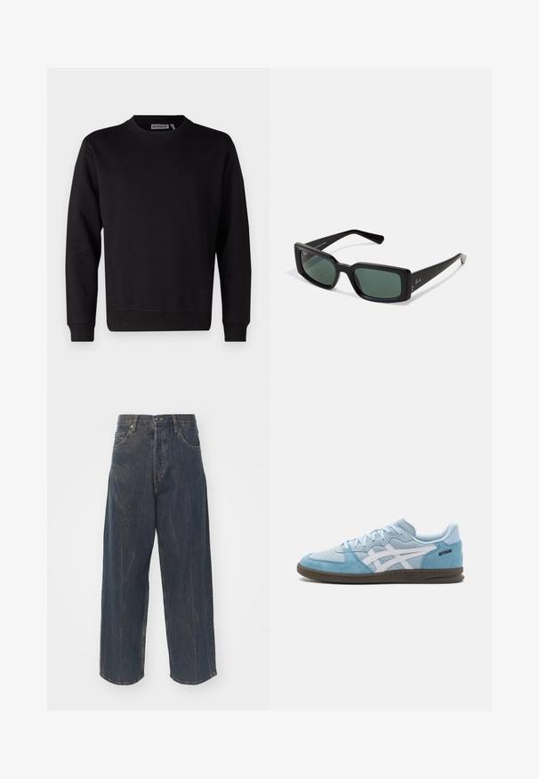 Melna iedvesmota svītra, kas izgatavota no gludas kokvilnas maisījuma, ar apaļu kakla izgriezumu, garām piedurknēm un ribotām aprocēm un apakšmalu. Redzamības nav rakstu vai akcentu.; Plašas kāju tumši zili džinsi ar vieglu nolietojumu, pieci kabatas un klasiskā pogu un rāvējslēdzēja aizdare jostasvietā.; Zilas un pelēkas zamšādas sporta kurpes ar baltām akcentiem, zemas augstuma dizains, aukliņu aizdare un brūna gumijas zole. Satur zīmola nosaukumu sānos.; Melnas taisnstūra saulesbrilles ar zaļiem stikliem. Izgatavotas no plastmasas, ar biezām rāmēm un slaidām kājām. Ray-Ban logo uz vienas kājas.