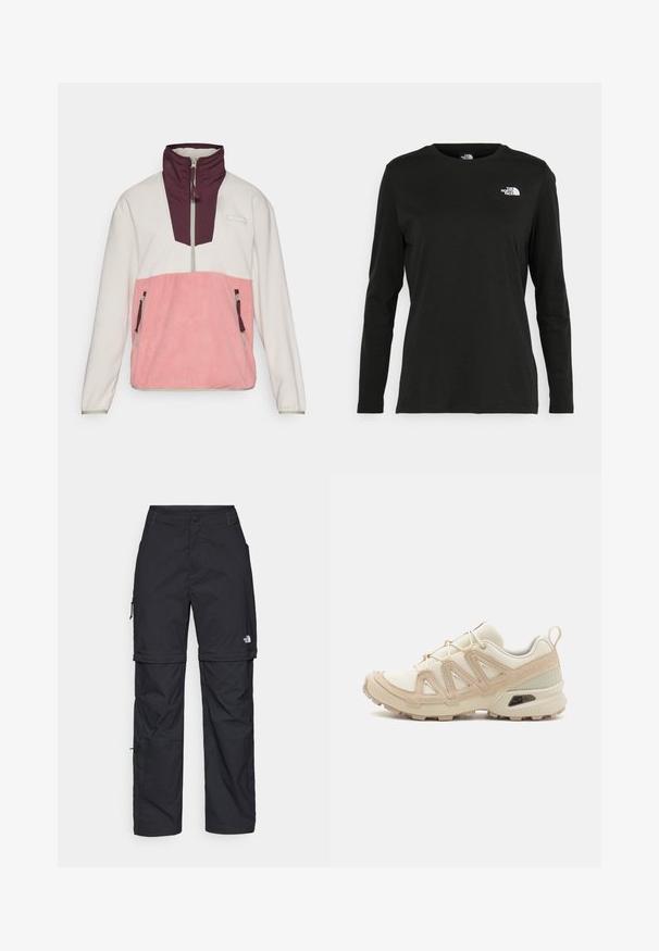 Polarowa bluza z białą górną częścią, różową dolną częścią i bordowym kołnierzem; zawiera boczne kieszenie na zamek oraz zamek błyskawiczny na pół z przodu.; Czarna koszulka z długim rękawem z bawełny z okrągłym dekoltem. Posiada niewielkie białe logo po lewej stronie na piersi. Prosty design i fason.; Czarne nylonowe spodnie cargo z odpinanymi nogawkami, regulowanymi mankietami, wieloma kieszeniami oraz logo na prawej nogawce. Gładka, lekka tekstura.; Beżowe i kremowe buty sportowe z teksturowanej siateczki, wspierającymi nakładkami oraz gumową podeszwą z wzorem bieżnika zapewniającym przyczepność.