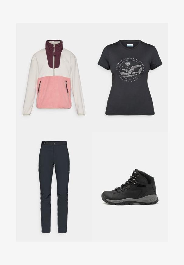 Fleece genserjakke med hvit øverste del, rosa nederste del og vinrød krage; inkluderer sidelommer med glidelås og en halv-zip front.; Svart Columbia t-skjorte med hvit sirkulær fjell- og elvlinjekunst og tekst "Columbia Sportswear Company Outside Since 1938."; Herre utendørsbukser, mørkegrå, laget av fleksibelt materiale, med belte, glidelåslommer og forsterkede sømmer.; Sorte turstøvler med mid-topp design, som har en teksturert overdel, grå detaljer og slitesterk gummisåle med godt grep.