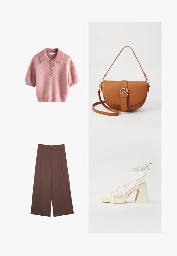 Kortærmet lyserød strikket sweater med krave, featuring en knaplukning med fire knapper og ribbet kant og manchetter. Blød tekstur.; Brune bredbunde bukser med en glat tekstur, der har høj talje og plisseringer foran. Stoffet er let og falder løst.; Hvide højhælede sandaler med en kraftig hæl, der har et stropdesign og ankelbinding. Glat tekstur med en platform foran for ekstra højde.; Brun læder crossbody taske med en buet form, guldfarvet hardware og en spændeaccent. Har en aftagelig skulderrem.