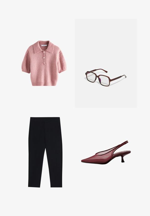 Maglione rosa a maniche corte in maglia con colletto, caratterizzato da una patta con quattro bottoni e bordi e polsini con lavorazione a costine. Texture morbida.; Leggings neri realizzati in tessuto elastico, con un elastico in vita e una superficie liscia. Nessun motivo visibile o dettagli in metallo.; Pumps slingback bordeaux con punta affusolata e upper in rete. Presentano un tacco sottile e un design con ritagli, che conferisce un'elegante silhouette.; Occhiali rettangolari marroni con lenti trasparenti e tonalità viola. Montatura in plastica liscia con stanghette dritte e accenti sottili.